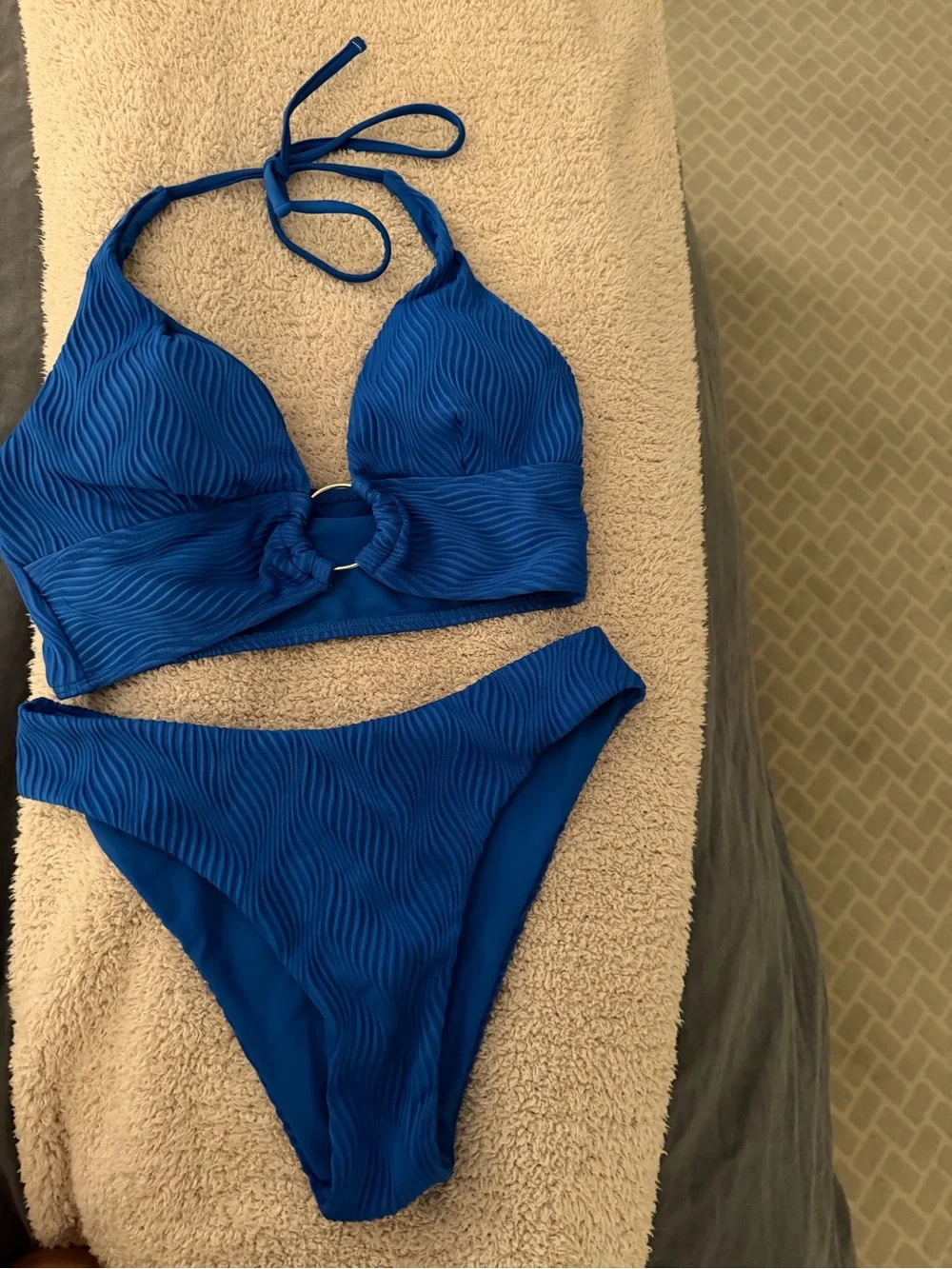 Zaful Royal Blue Ribbed Halter Ring Bikini